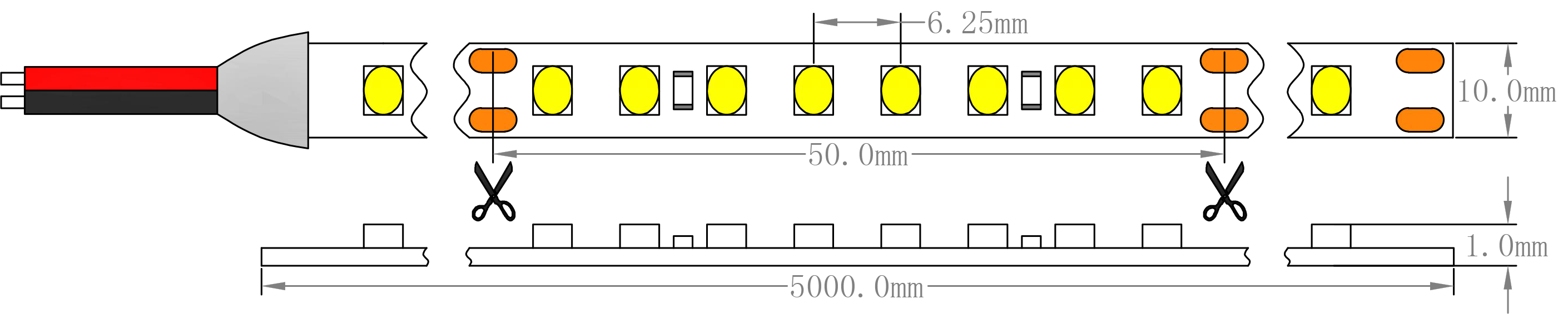Dimension de la bande lumineuse LED Samsung SMD2835