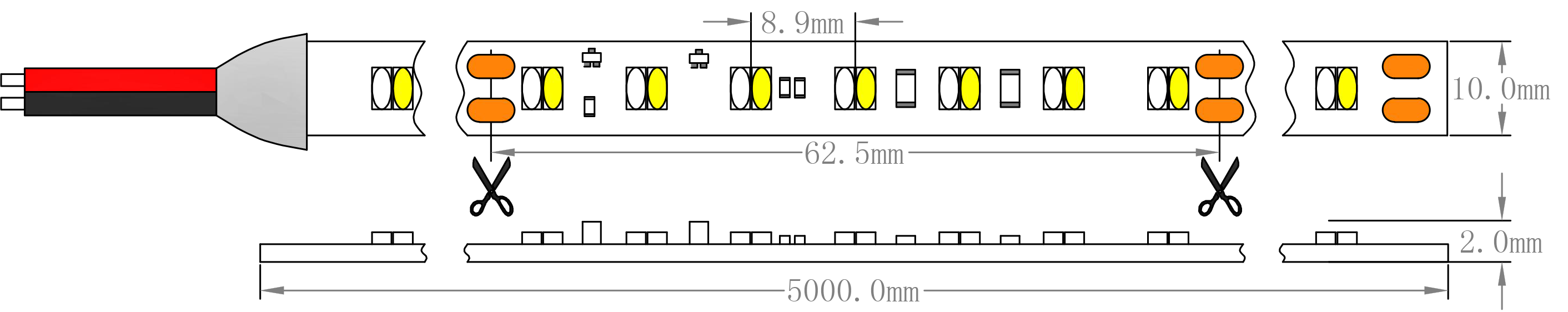 SMD2216 Dim to Warm LED Strip light Dimension