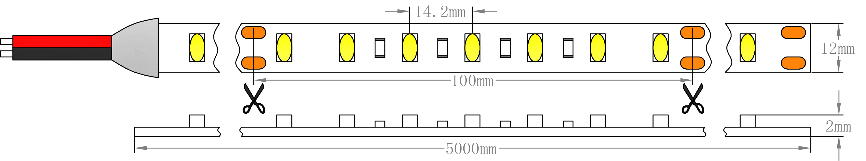 Dimensions de la bande lumineuse LED SMD2835 14,4 W