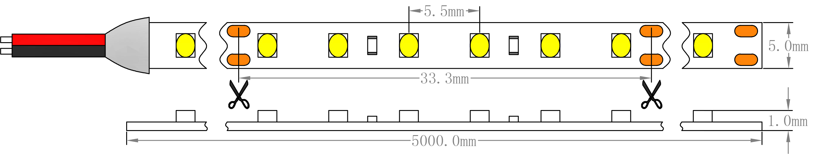 Dimensions de la bande lumineuse LED SMD2835 5 mm 14,4 W